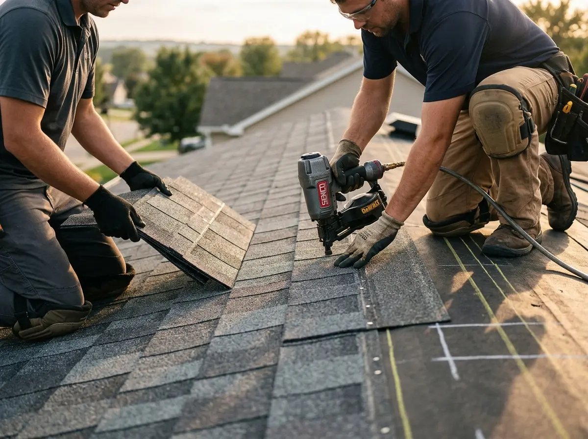 Professional roofer working on a residential roof in Kingfisher